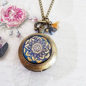 Blue and Gold Mandala Pocket Watch Necklace in Antique Bronze with Vintage Glass Flowers, Victorian Style, Fully Working Battery Included