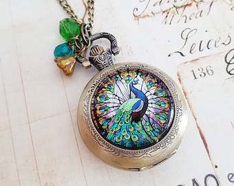 Peacock Pocket Watch Necklace in Antique Bronze with Vintage Glass Beads, Stained Glass Nouveau Style Bird, Fully Working Battery Included