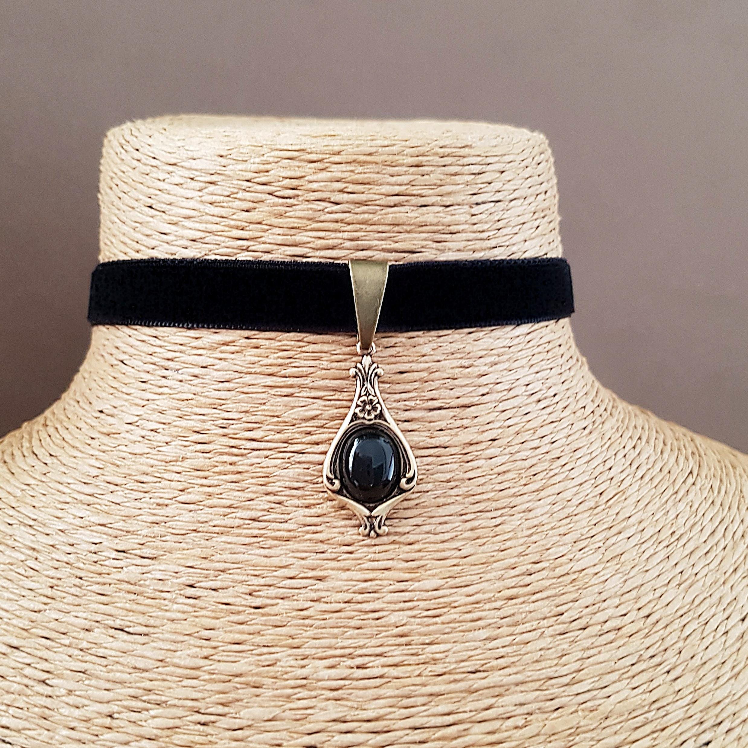 Onyx Jewel Black Velvet Choker, Art Nouveau Style Antique Brass