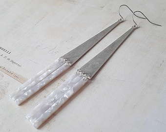 Long Matte Silver Triangle Chandelier Earrings with Silver Gray Acrylic Bar Drops, Statement, Sterling Silver, Plated or Surgical Wires