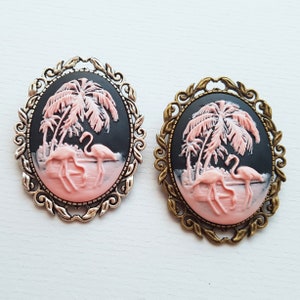 Pink Flamingo Brooch, Flamingo Cameo Brooch, Tropical, Kitsch, Florida, Birds, 50s Style, Cocktail, Choose Silver or Bronze image 1