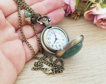 Aventurine Pocket Watch Necklace in Bronze or Silver With Vintage
