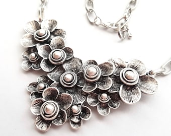 Big Antique Silver Flower Cluster Necklace, Bib Necklace, Large Flower Necklace, Nature Necklace, Statement Necklace, Woodland Necklace