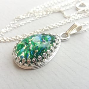 Emerald Green Opal Teardrop Necklace in Sterling Silver, Vintage Czech Glass Opal Cabochon, Quality Sterling Setting, Choose Your Length