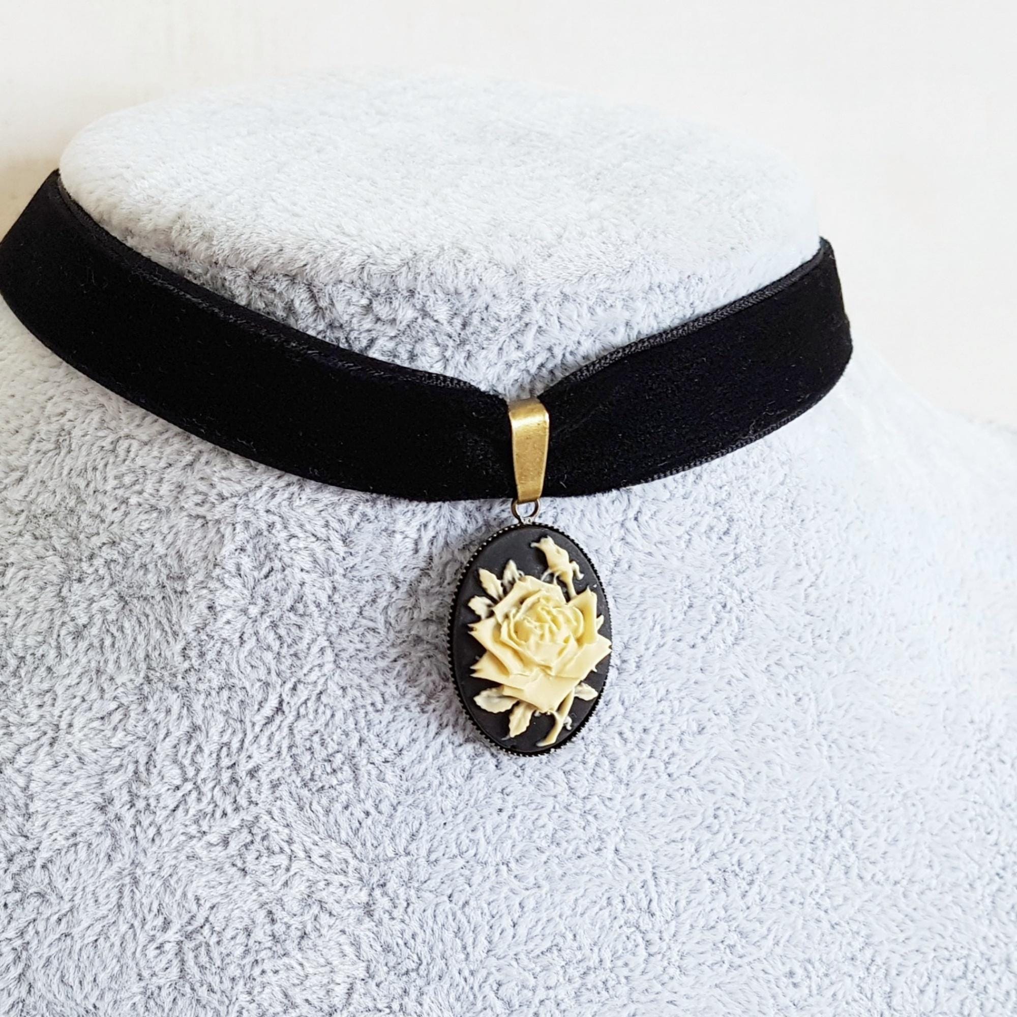 Black Velvet Gothic Cream Rose Cameo Choker in Antique Bronze 