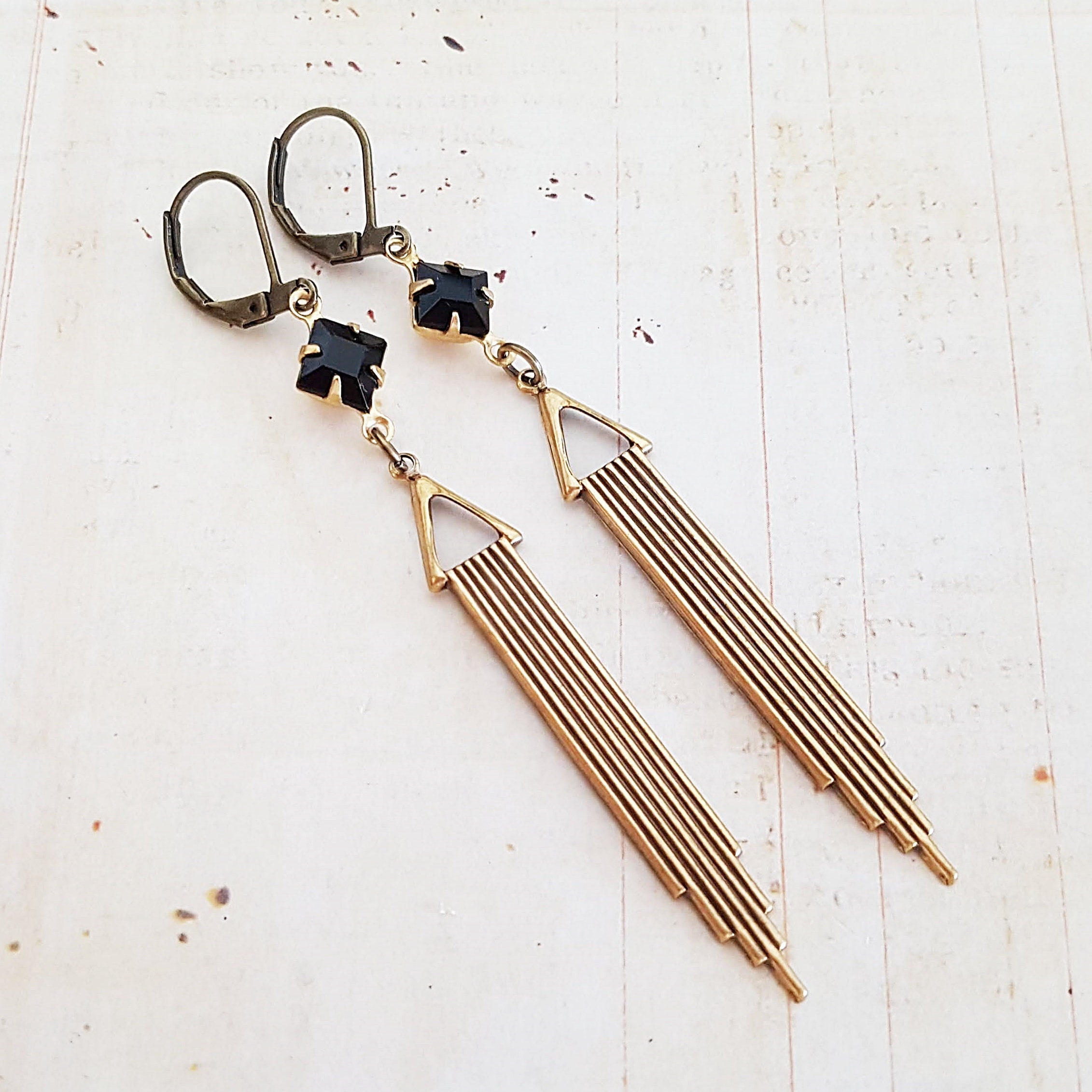 Gold Art Deco Bar Earrings, Antiqued Gold and Black Crystal, Choose Surgical or Gold Filled Hooks, Studs, Lever Backs or Screw Clips