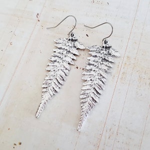 Silver Fern Leaf Earrings, Long Boho Textured Matte Statement Antique Silver Earrings, Leaves, Minimalist, Surgical Wires