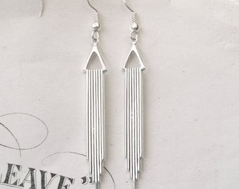 Boucles d'oreilles pendantes art déco en argent, mariage déco, longues gouttes plaquées argent, crochets chirurgicaux ou remplis d'argent, clous, leviers ou clips