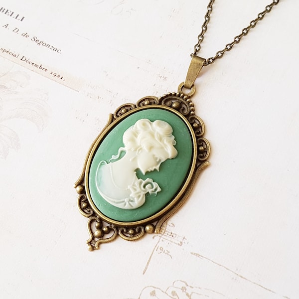 Vintage Classical Lady Green Cameo Necklace, Victorian Style Green and Cream Long Necklace in Ornate Antique Bronze, Choose Your Length