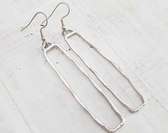 Silver Long Open Rectangle Hoop Earrings, Boho, Silver Filled or Surgical Steel Wires