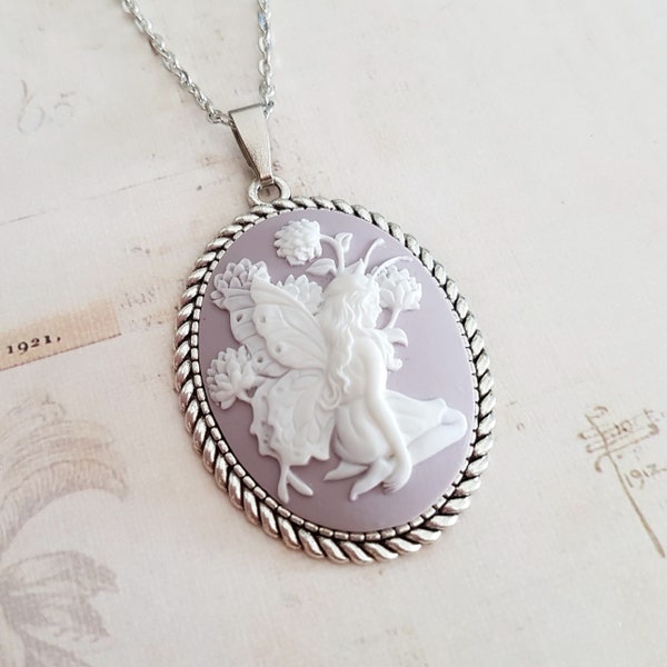 Fairy Cameo Necklace in Lavender with Antique Silver Setting, Purple Mauve Lilac Woodland Fairy with Flowers, Choose Your Length