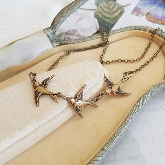 Three Little Birds Necklace in Antique Brass Flying Bird Necklace Collar Bib Choker Sparrows Swift Choose Your Length Etsy UK