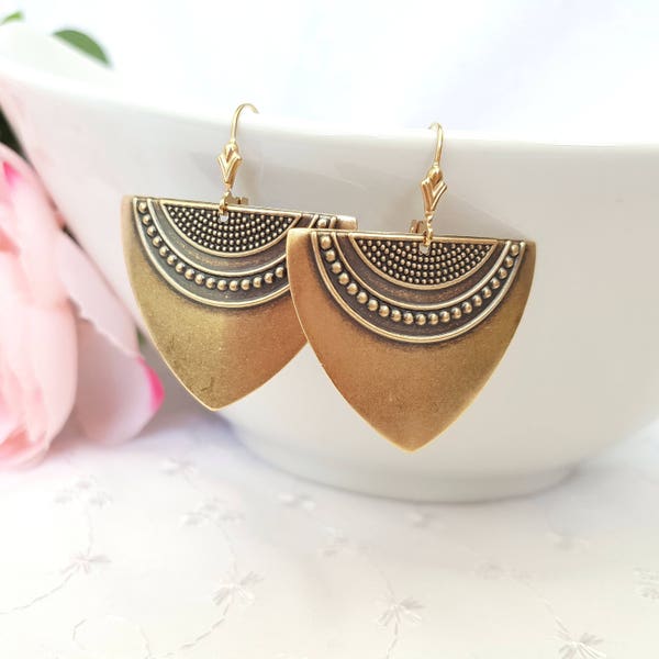 Antique Gold Art Deco Earrings, Statement, Geometric, Ethnic, Boho Earrings, Plated, Surgical, Gold Filled Hooks, Levers, Studs, Clips