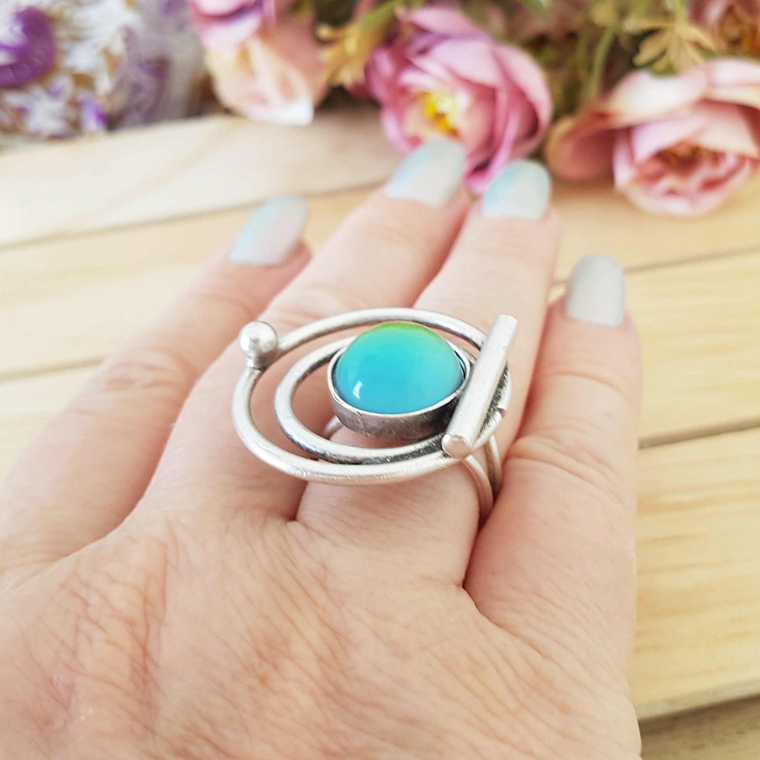 Modern Silver Mood Ring, Adjustable Colour Changing Mood