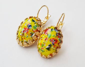 Vintage Speckled Yellow Carnival Millefiori Gold or Silver Drop Earrings, Yellow Vintage Czech Glass, Carnival, Fiesta, Tropical Earrings