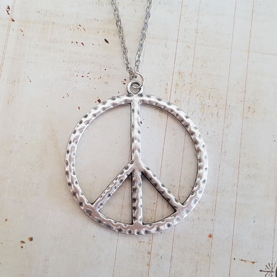 Big Silver Peace Necklace Large Peace Sign Pendant Statement