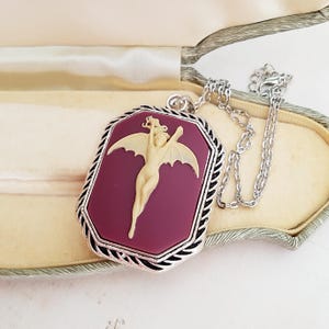 Gothic Horror Vampire Lady in Rich Burgundy, Succubus Cameo Necklace in Ornate Antique Silver Plated, Bat Winged Female, Choose Your Length