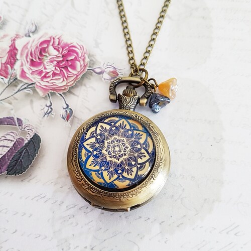 Blue and Gold Mandala Pocket Watch Necklace, Vintage Glass  display picture 1