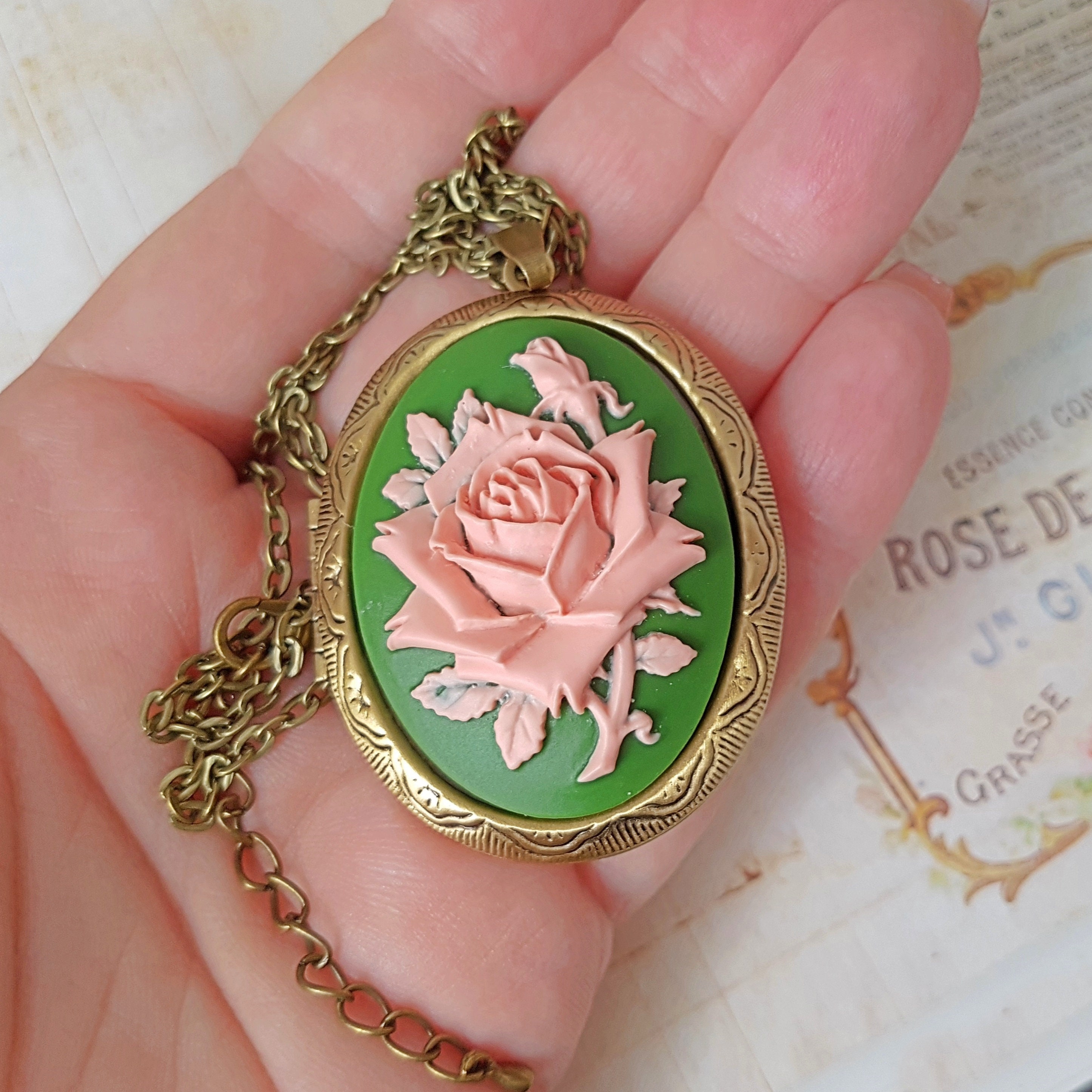Green and Pink English Rose Locket Flower Locket Rose Cameo Etsy