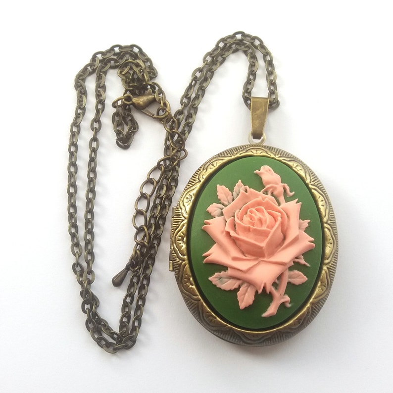 Green and Pink English Rose Locket Flower Locket Rose Cameo Etsy