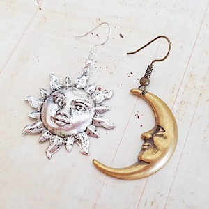 Mismatched Earrings, Sun and Moon Earrings, Drop Earrings, Silver Sun, Antique Gold Moon, Plated, Surgical, Sterling Hooks, Studs, Clips