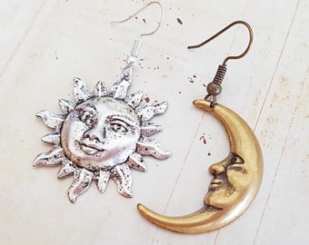 Mismatched Earrings, Sun and Moon Earrings, Drop Earrings, Silver Sun, Antique Gold Moon, Plated, Surgical, Sterling Hooks, Studs, Clips