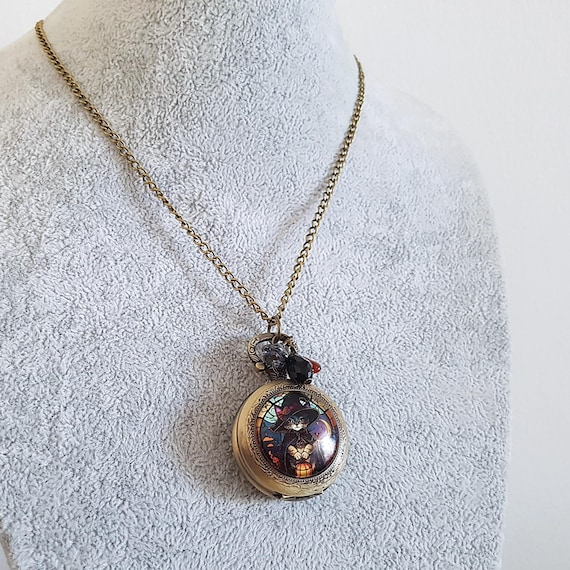 Witchy Moon Cat Pocket Watch Necklace, Bronze, Black or Silver