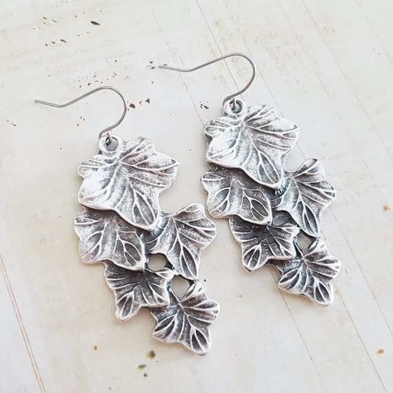 Big Antique Silver Ivy Leaf Earrings, Surgical Wires
