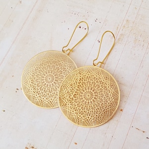 Big Gold Filigree Laser Cut Mandala Earrings, Gold Filled or Surgical Ear Wires