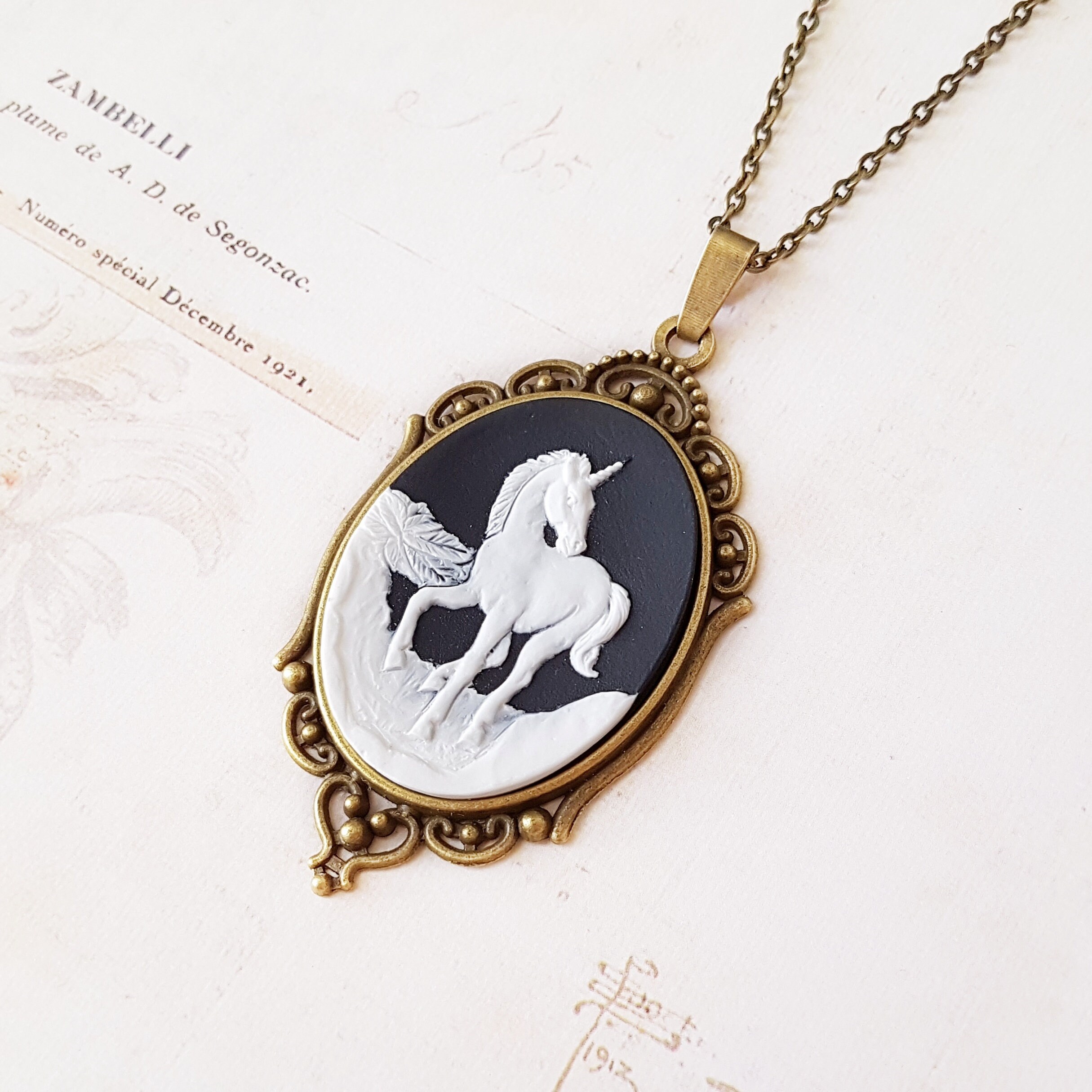 Vintage Mystical Unicorn Necklace Black 