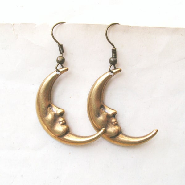Antique Gold Moon Earrings, Drop Earrings, Moon Face, Choose Plated, Surgical or Gold Filled Hooks, Studs, Levers or Screw Clips