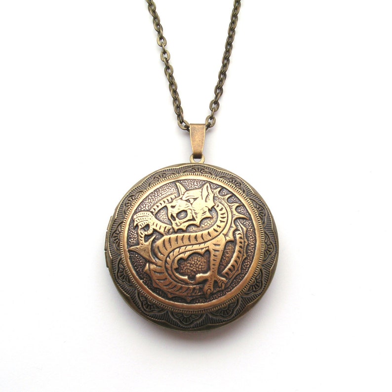 Large Dragon Locket Necklace in Bronze, English Mythology, St George, Welsh Dragon Legend, Keepsake, Choose Your Length image 1