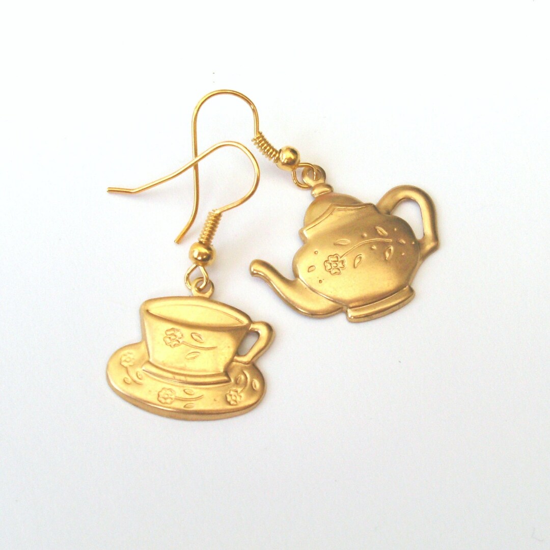 Mismatched Earrings, Gold Teapot Earrings, Teacup Earrings, Alice in