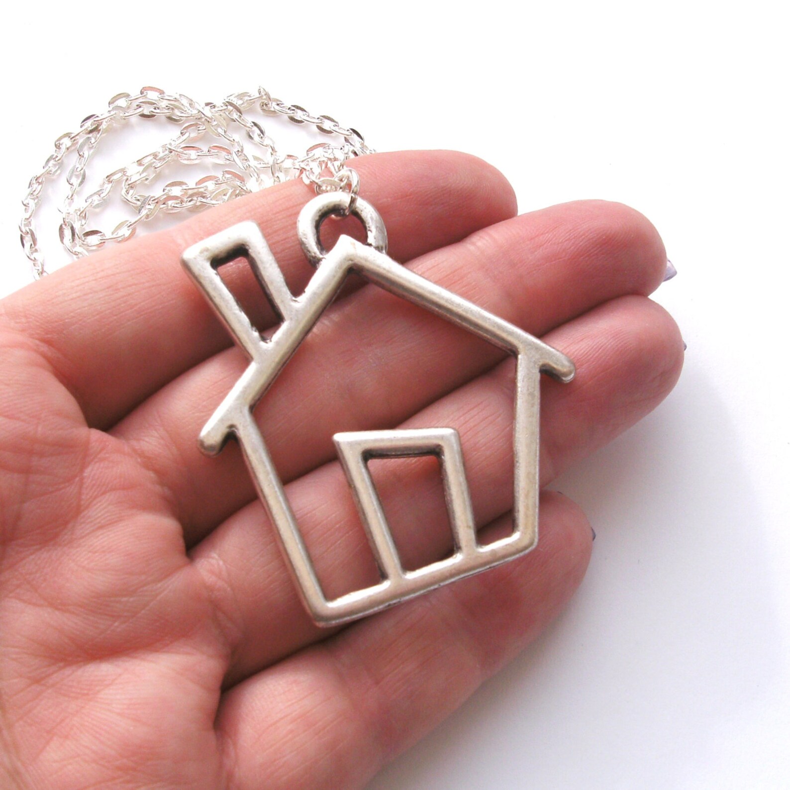 Silver House Necklace Large House Statement Necklace Long Etsy