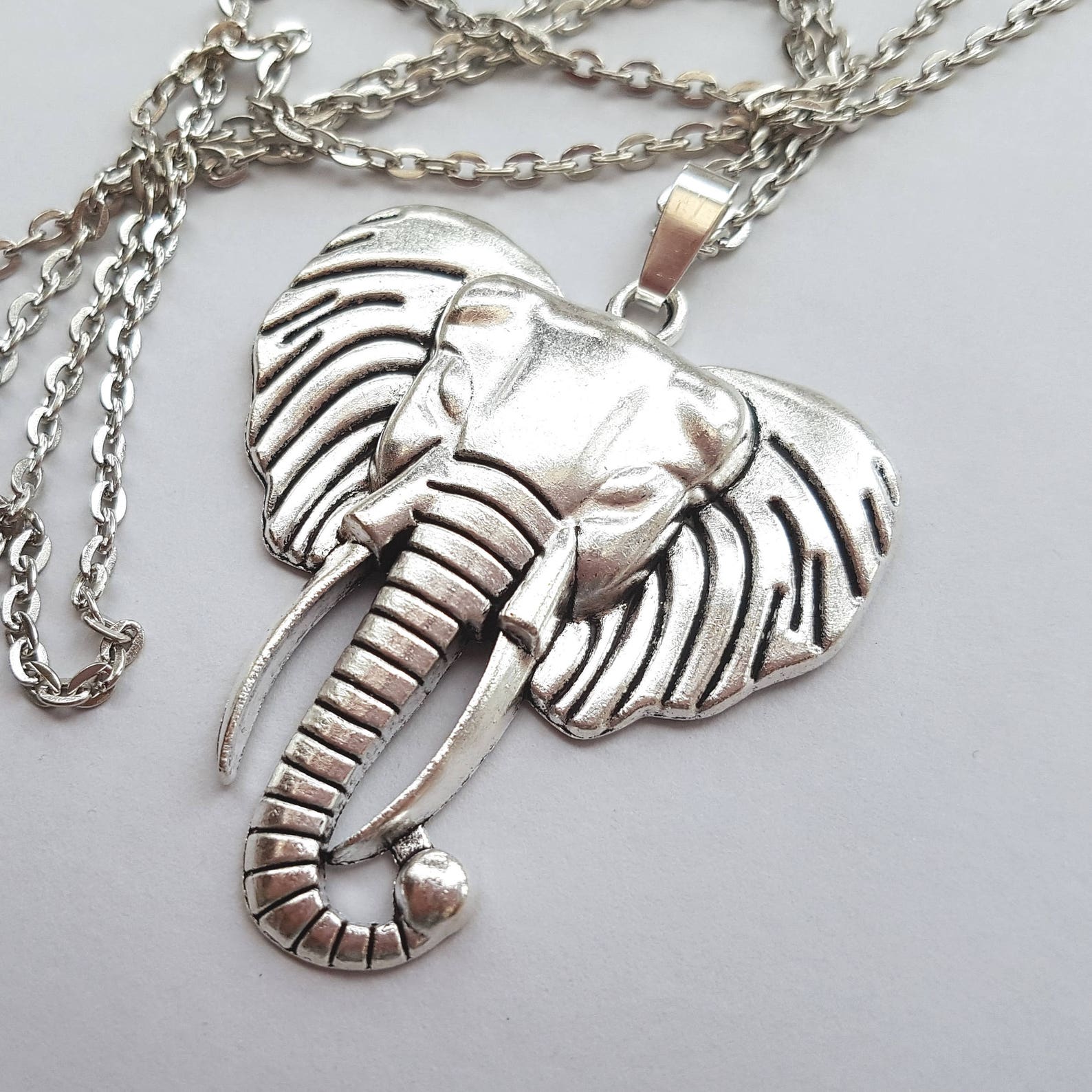 Big Silver Elephant Necklace Large Elephant Pendant Etsy UK