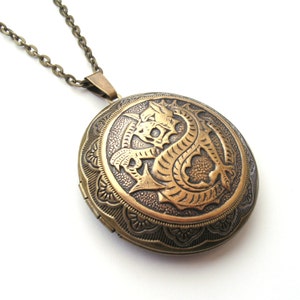 Large Dragon Locket Necklace in Bronze, English Mythology, St George, Welsh Dragon Legend, Keepsake, Choose Your Length image 2