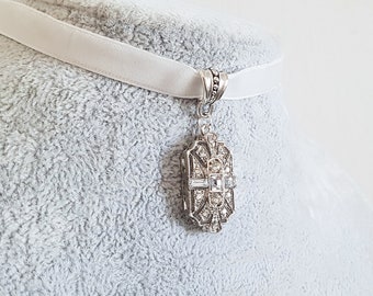 Art-deco choker van wit fluweel met sprankelende, heldere geometrische kristallen zilveren druppel, Great Gatsby, kies je lengte