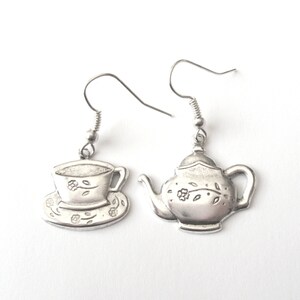 Silver Teacup Earrings, Teapot Earrings, Mismatched Earrings, Alice in Wonderland, Plated, Surgical or Sterling Hooks or Studs