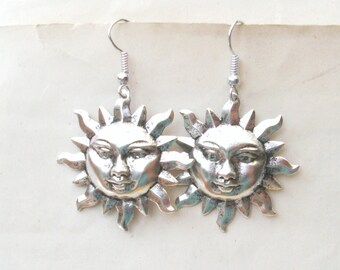 Silver Sun Earrings, Dangly Earrings, Drop Earrings, Silver Earrings, Sun Face, Plated, Sterling or Surgical Hooks, Studs, Levers, Clips