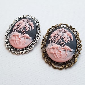 Pink Flamingo Brooch, Flamingo Cameo Brooch, Tropical, Kitsch, Florida, Birds, 50s Style, Cocktail, Choose Silver or Bronze image 2