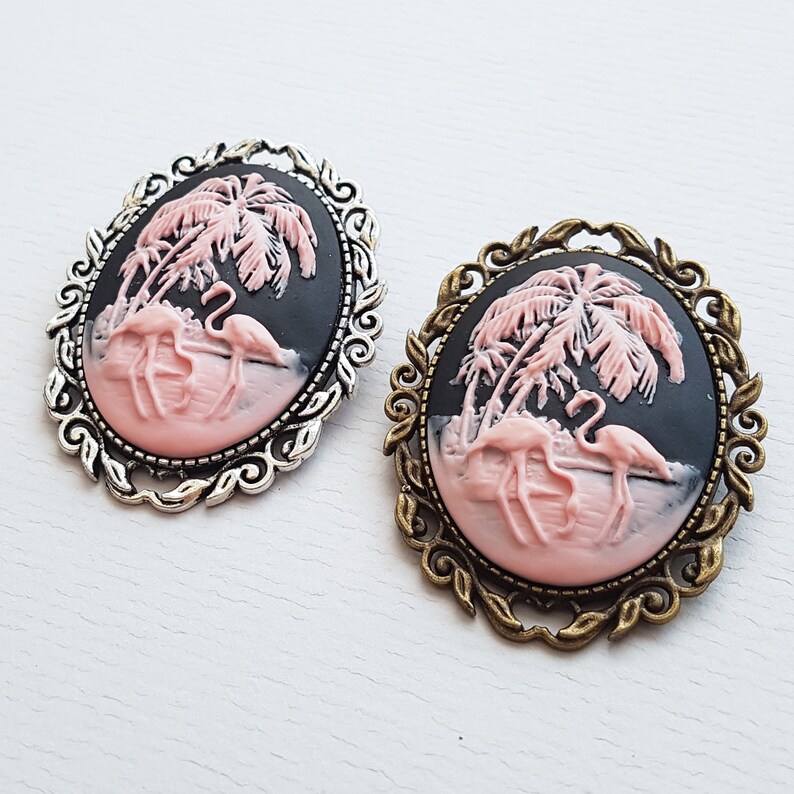 Pink Flamingo Brooch, Flamingo Cameo Brooch, Tropical, Kitsch, Florida, Birds, 50s Style, Cocktail, Choose Silver or Bronze image 2