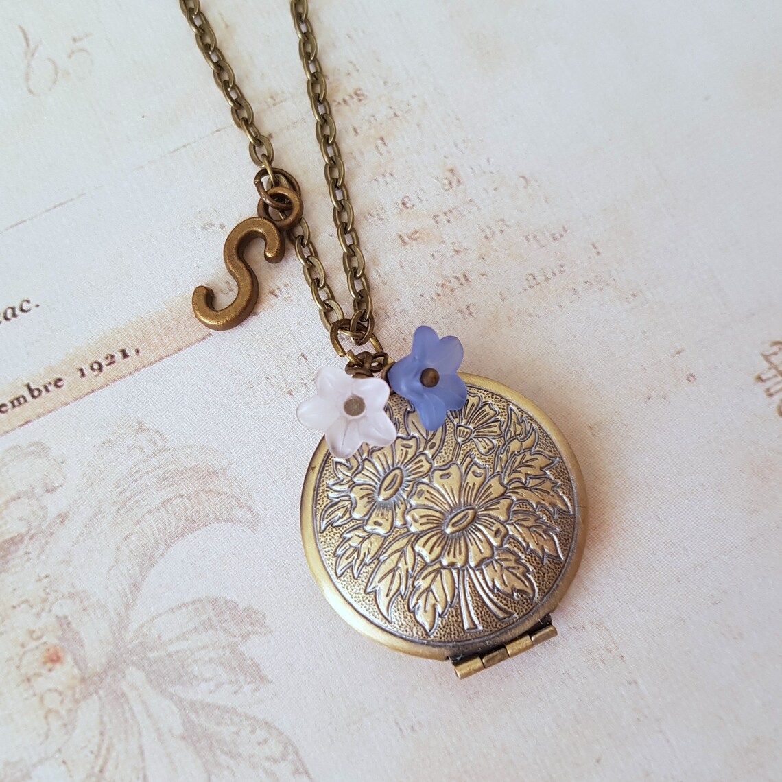 Bronze Engraved Round Locket Necklace Holds Two Photos Blue | Etsy