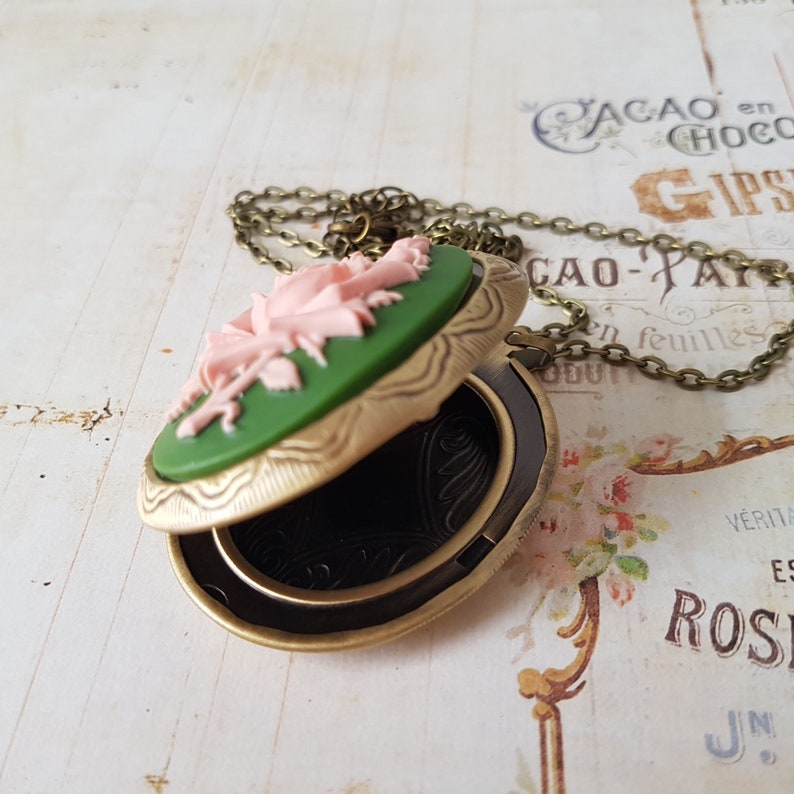 Green and Pink English Rose Locket Flower Locket Rose Cameo Etsy