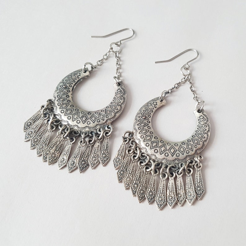 Large Antique Gold Boho Chandelier Earrings Slate Gray Etsy