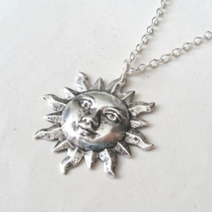 Antique Silver Sun Face Necklace, Sterling Silver or Silver Plated Chain, Choose Your Length