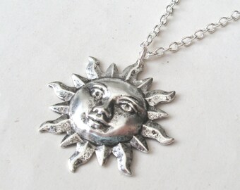 Antique Silver Sun Face Necklace, Sterling Silver or Silver Plated Chain, Choose Your Length
