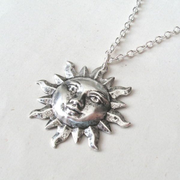 Collier visage soleil en argent, collier soleil avec chaîne en argent sterling ou en plaqué argent