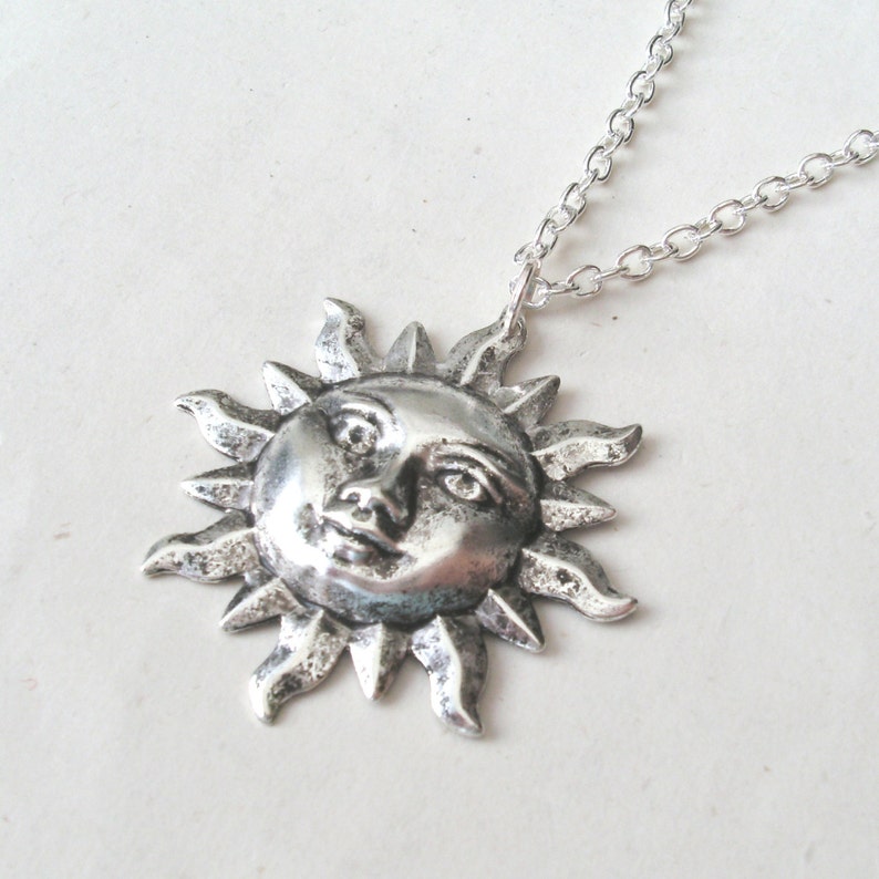 Silver Sun Face Necklace, Sun Necklace with Sterling Silver or Silver Plated Chain image 1