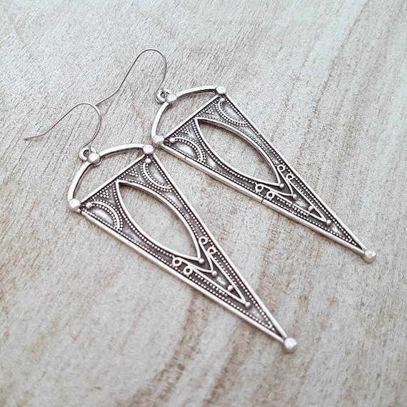 Big Ornate Silver Triangle Earrings, Moroccan Inspired Boho Drop Earrings, Surgical Hooks or Clips
