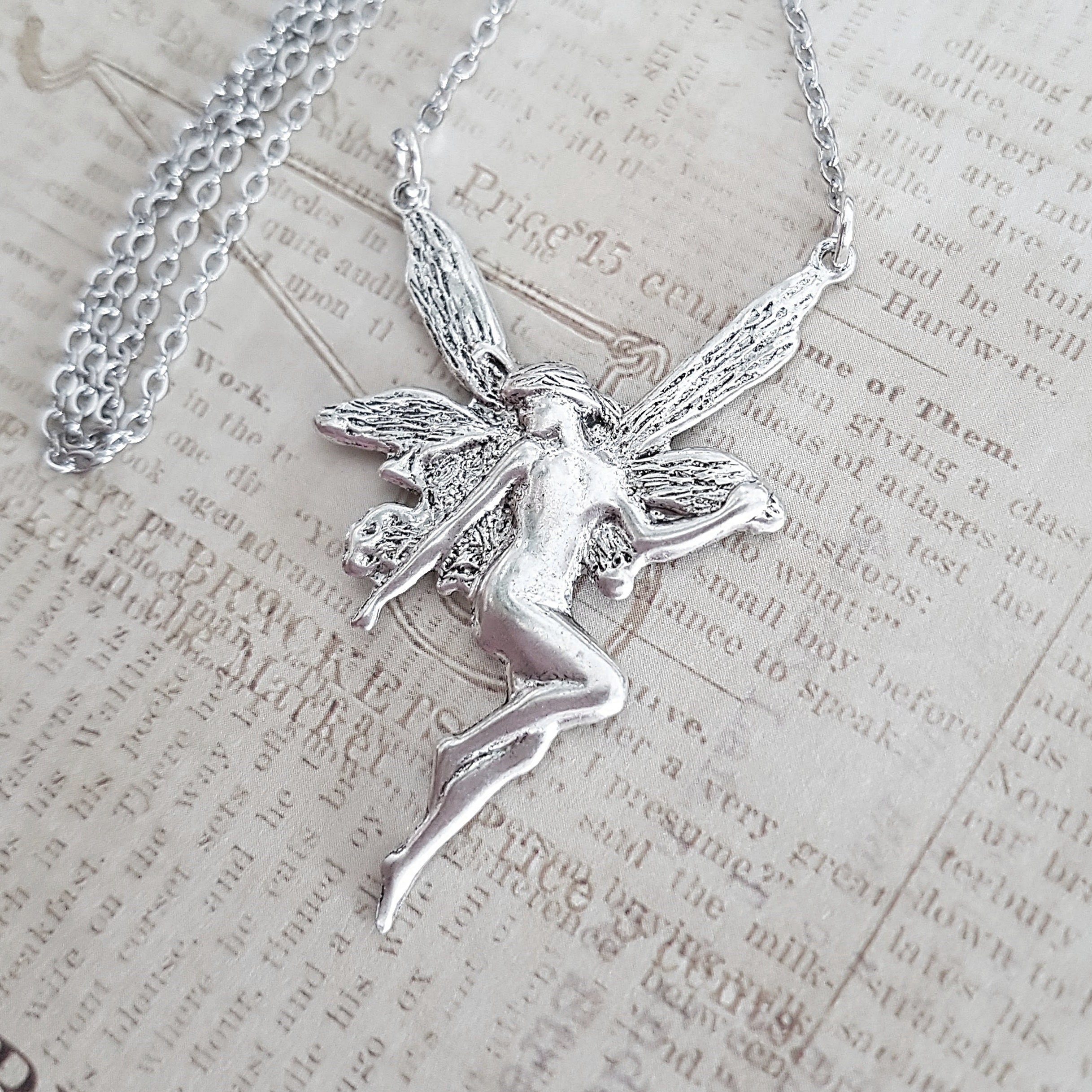 Art Nouveau Fairy Necklace in Antique Silver, Vintage Fairy, Nymph 